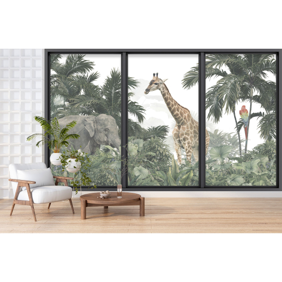 Optical Illusion Panoramic Bay Window Wall Mural / Wallpaper - Jungle animals