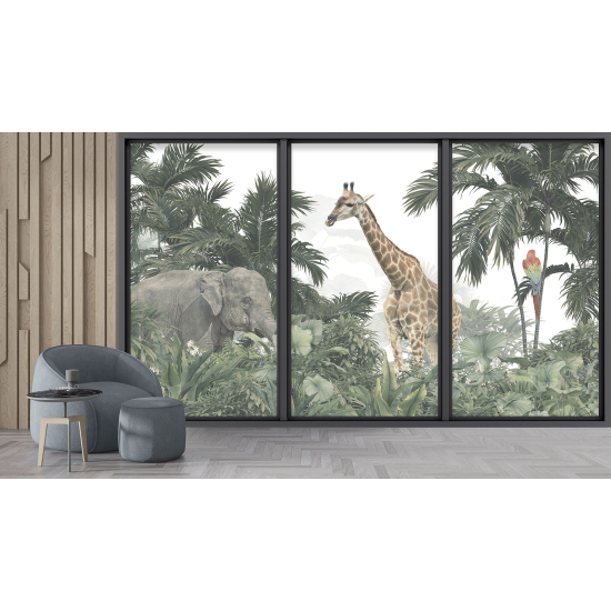 Optical Illusion Panoramic Bay Window Wall Mural / Wallpaper - Jungle animals