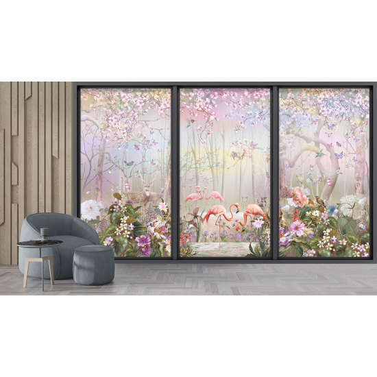 Optical Illusion Panoramic Bay Window Wall Mural / Wallpaper - Pink flamingos