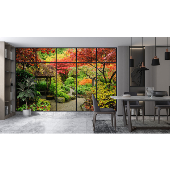 Optical Illusion Panoramic Window Wall Mural / Wallpaper - Garden