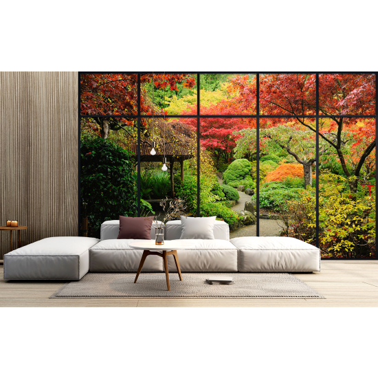 Optical Illusion Panoramic Window Wall Mural / Wallpaper - Garden