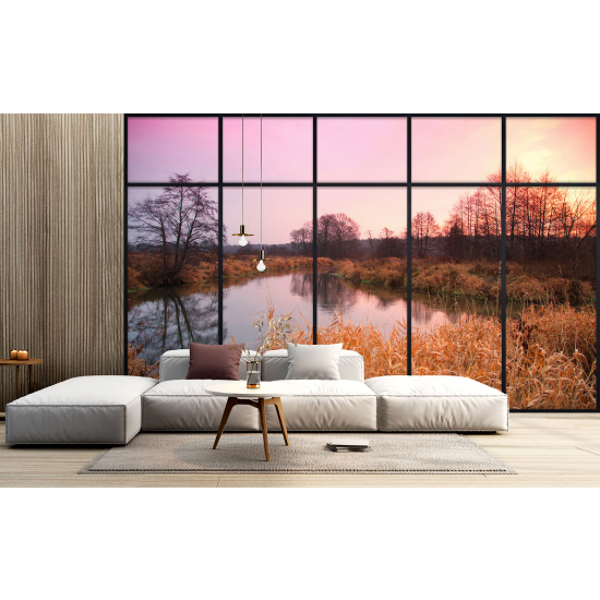 Optical Illusion Panoramic Window Wall Mural / Wallpaper - Lake and forest