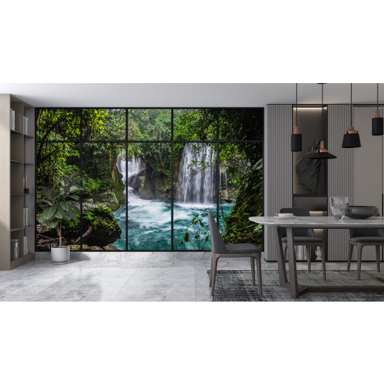 Optical Illusion Panoramic Window Wall Mural / Wallpaper - Waterfalls