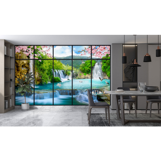 Optical Illusion Panoramic Window Wall Mural / Wallpaper - Waterfalls