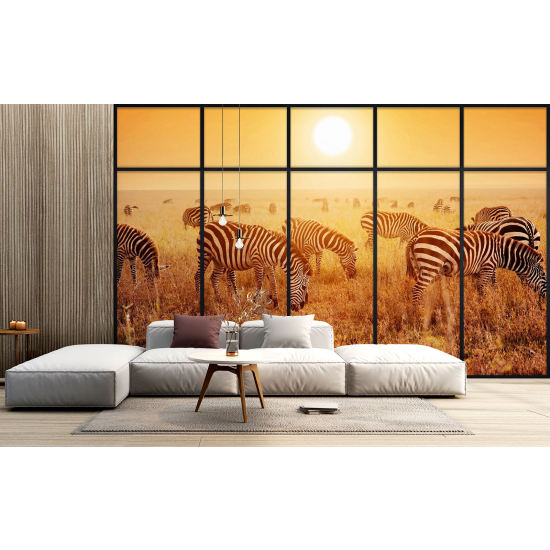 Optical Illusion Panoramic Window Wall Mural / Wallpaper - Zebras