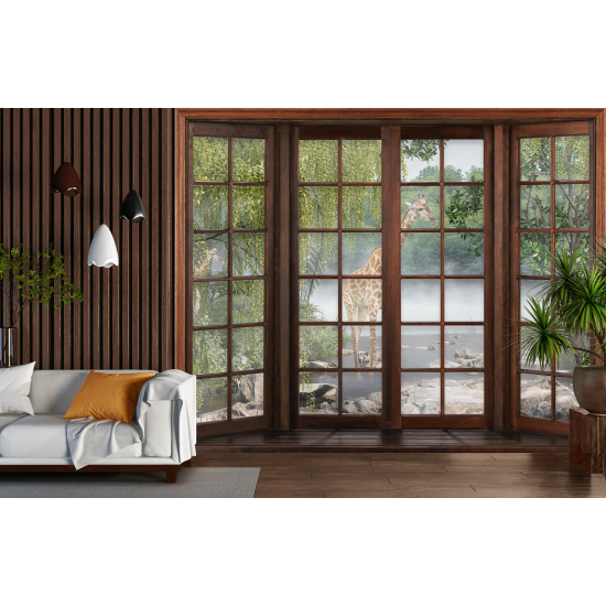 Optical Illusion Panoramic Wood Window Wall Mural / Wallpaper - Giraffe