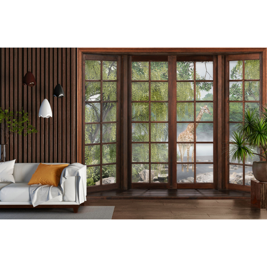 Optical Illusion Panoramic Wood Window Wall Mural / Wallpaper - Giraffe